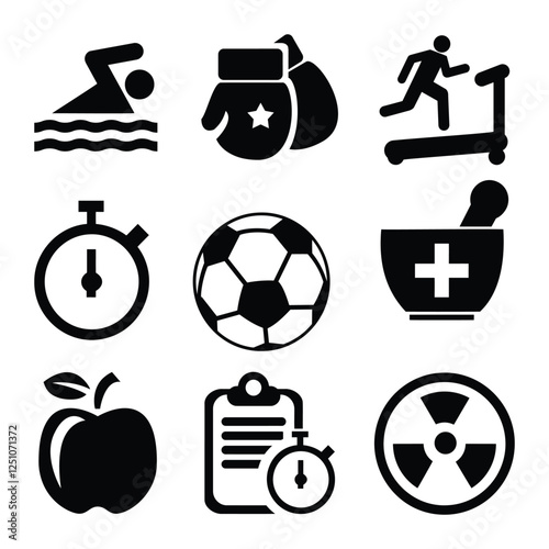 Sports Equipment, Health and Fitness, Medical Symbols, Timekeeping, Nutrition, Radiation Warning, Soccer Ball, and Swimming Icons in Clean Design