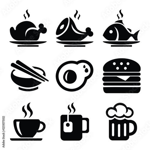 Meal Representation and Beverage Icons with Hot and Cold Dishes, Meat, Fish, Noodles, Egg, Hamburger, Coffee, Tea, and Beer in Clean Lines Style