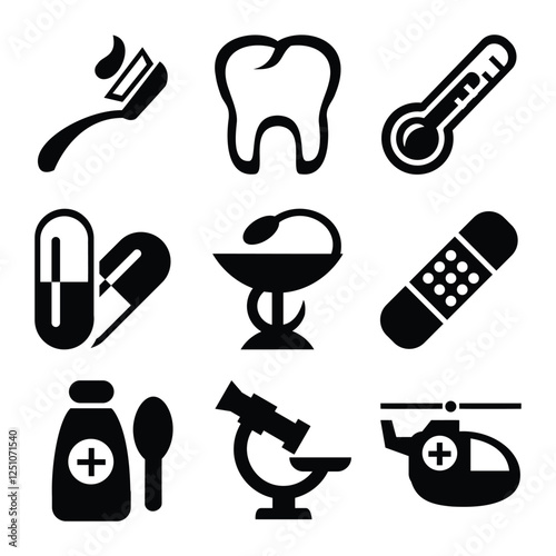 Minimalist design of dental care tools with toothbrush, tooth, thermometer, medication, pills, and medical symbols for health services