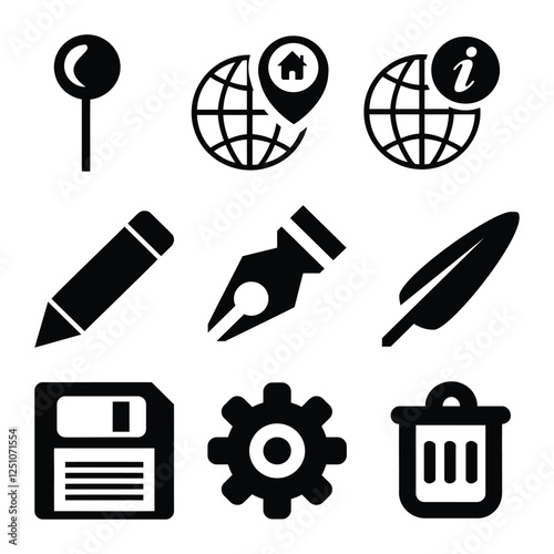 Minimalist vector illustration of pin, globe, information icon, pencil, fountain pen, trowel, floppy disk, gear, trash can with simple shapes and clean lines