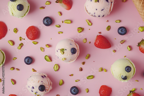 Colorful ice cream cones with various flavors on a pink background, top view