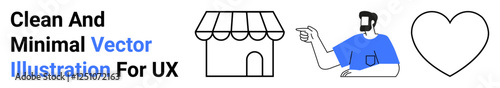 Shopfront icon, man pointing with heart shape. Ideal for commerce, user interface, business, websites, marketing, love shopping. Great for flat landing page banner