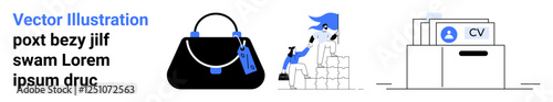 Stylish black handbag with keychain, casual woman sitting with coffee and book, file cabinet with CVs. Ideal for retail, lifestyle, career prep, organization, fashion, productivity minimalism