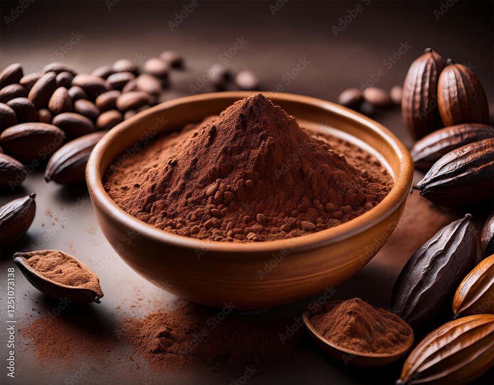 close up of cocoa powder in a brown ceramic bowl surrounded by raw cocoa beans highlighting cocoa trading trends and pricing changes in a minimalist style close up of cocoa powder in a brown ceramic bowl surrounded by raw cocoa beans highlighting cocoa trading trends and pricing changes in a minimalist style
