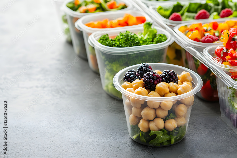 Garden salad in paper and plastic containers with chickpeas on a grey background Garden salad in paper and plastic containers with chickpeas on a grey background