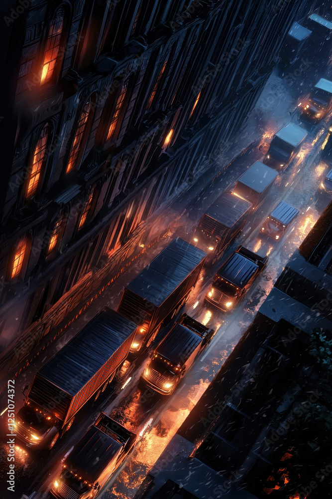 Urban Transport at Night: Illuminated Trucks Navigate a Smoky Street in a Dynamic Cityscape, Creating a Captivating Scene of Traffic Amidst an Industrial Atmosphere and Glowing Buildings. Urban Transport at Night: Illuminated Trucks Navigate a Smoky Street in a Dynamic Cityscape, Creating a Captivating Scene of Traffic Amidst an Industrial Atmosphere and Glowing Buildings.