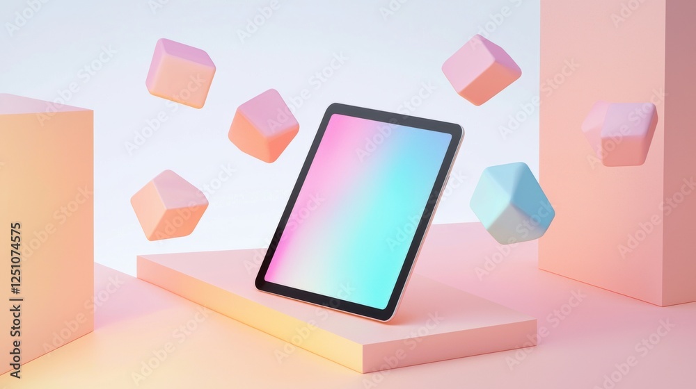 Tablet on a pink pedestal with a blue screen. the tablet is placed in the center of the image and is surrounded by several pink and blue cubes that are flying around it. Tablet on a pink pedestal with a blue screen. the tablet is placed in the center of the image and is surrounded by several pink and blue cubes that are flying around it.
