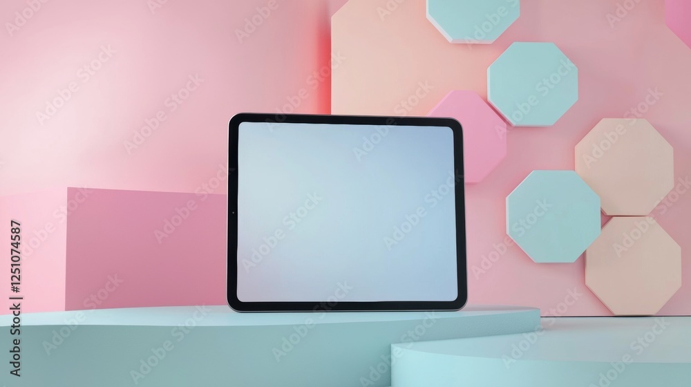 Black tablet with a blank screen sitting on a white pedestal against a pink and light pink background. Black tablet with a blank screen sitting on a white pedestal against a pink and light pink background.
