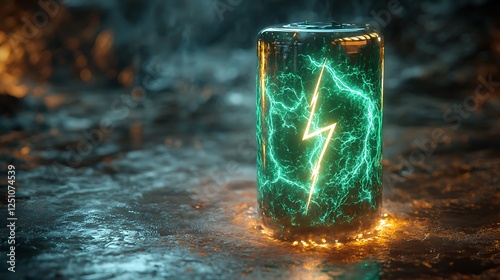 Ultra-modern battery concept glowing green with an electrified lightning bolt in the center