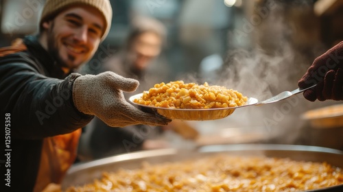 A man is holding a plate of food and giving it to someone else. Generative AI