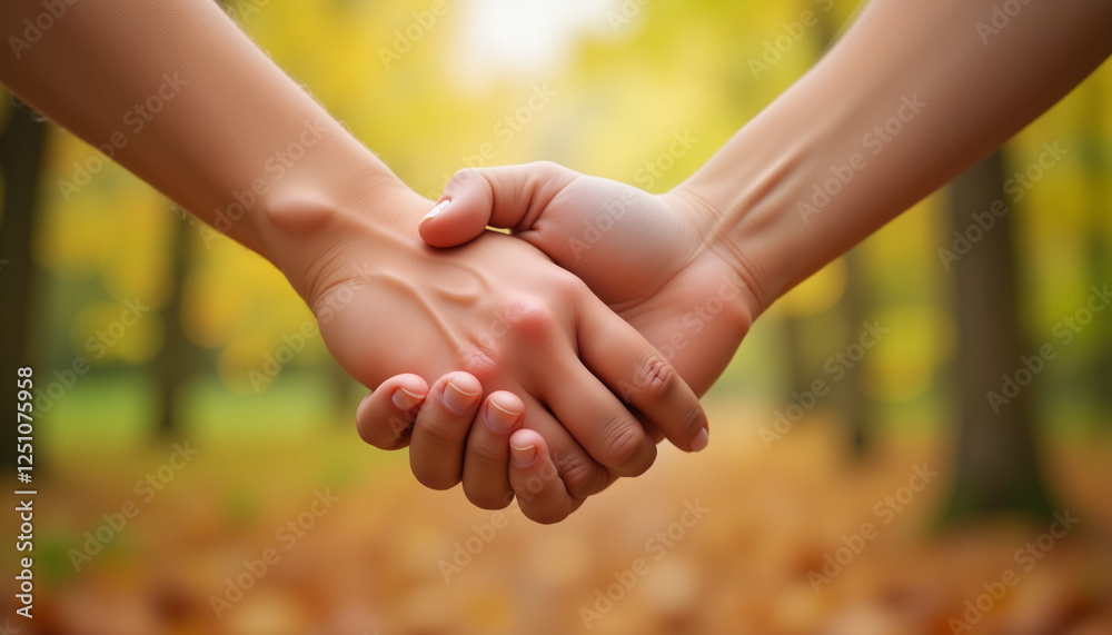 Togetherness and warmth of clasped hands in autumn park, connection Togetherness and warmth of clasped hands in autumn park, connection
