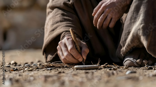 A man writing on the ground with a stick outside, telling a story. Religious, educational, or historical usage