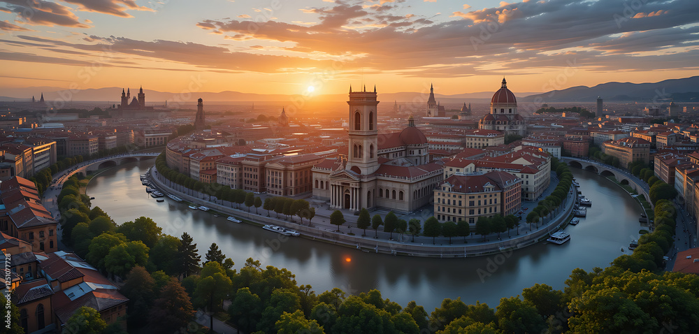 Fototapeta premium Historical Cityscape Along a Winding River at Sunset, Captured From an Elevated Viewpoint