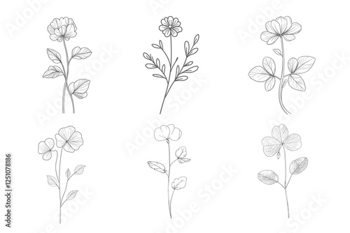Set of wild flowers and leaves. Trendy botanical elements. Hand drawn line branches and blooming.