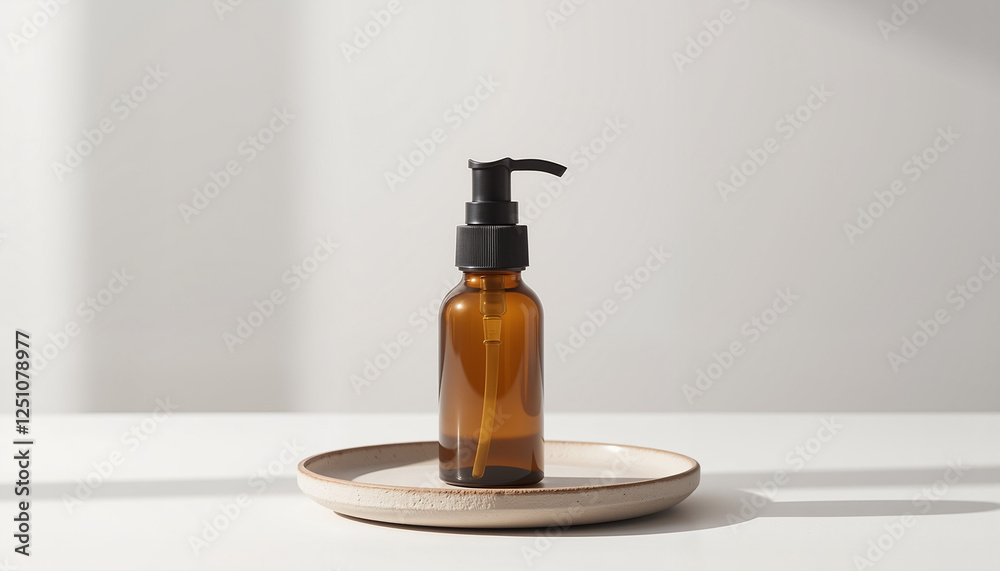 Amber glass bottle on a minimalist plate Amber glass bottle on a minimalist plate