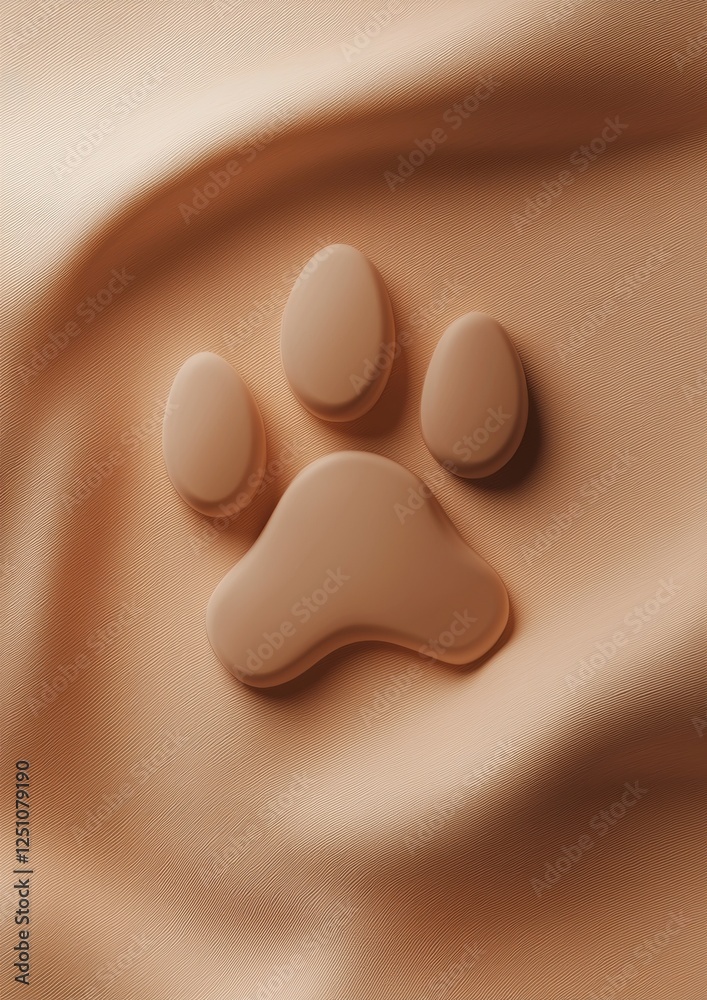 Fototapeta premium Close-up of a beige fabric with a smooth texture. in the center of the image, there is a paw print made up of three small, oval-shaped objects.