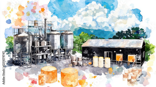 Factory, watercolor painting, A high-fidelity image of a dairy processing plant with milk flowing through pipes.
