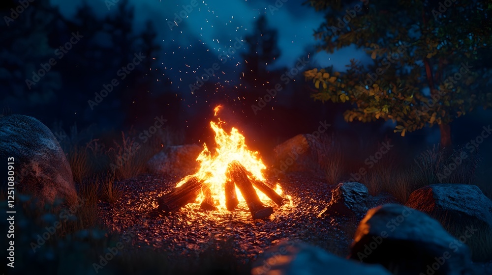 Cozy campfire burning brightly in the dark secluded forest at night Flames and glowing embers casting a warm inviting glow amidst the surrounding trees and wilderness Cozy campfire burning brightly in the dark secluded forest at night Flames and glowing embers casting a warm inviting glow amidst the surrounding trees and wilderness
