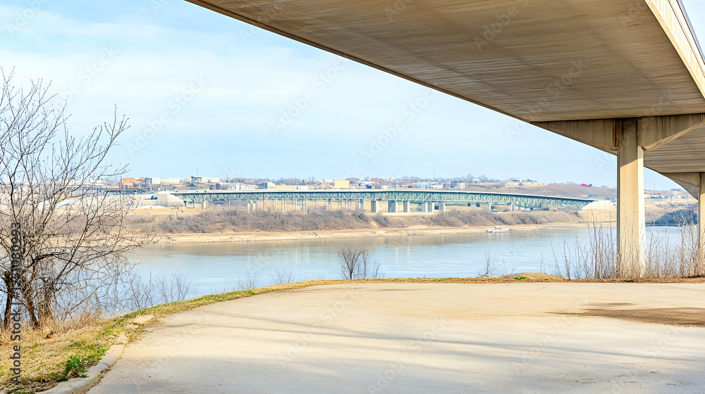 Concrete highway overpass spans a river with trees and buildings in background, shot for infrastructure, transportation needs Concrete highway overpass spans a river with trees and buildings in background, shot for infrastructure, transportation needs