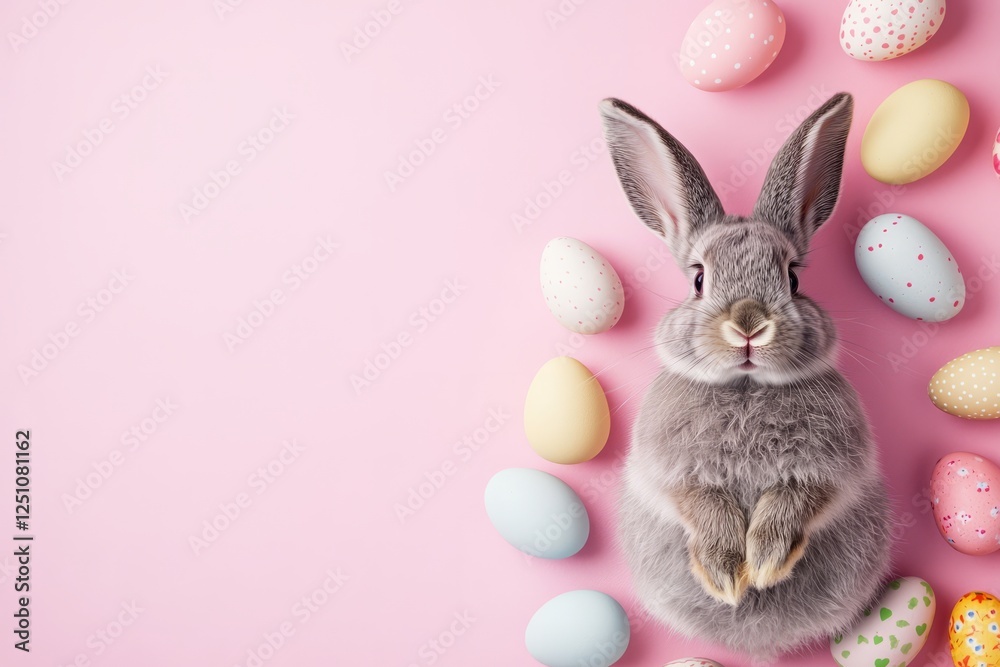 Fototapeta premium Gray rabbit on a pink background among Easter eggs. Easter and spring celebration concept. Spring card with space for text