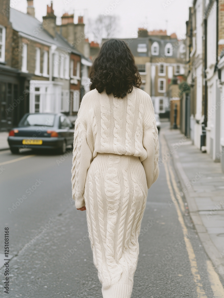 Fototapeta premium A woman with curly hair walks down a quiet street wearing a cream-colored cable knit sweater and skirt. The street is lined with traditional brick houses and parked cars.
