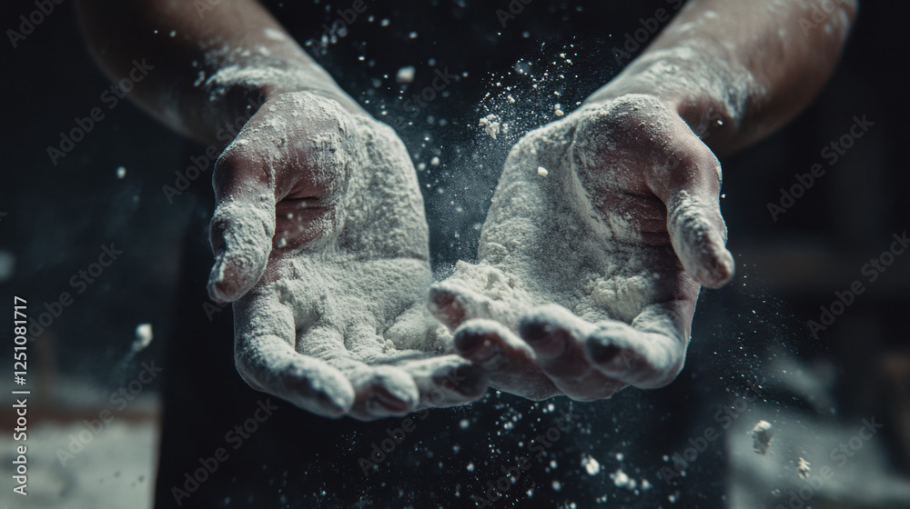 Fototapeta premium Hands Covered in Flour with a Dust Cloud Creating a Dynamic Cooking Scene in a Dark, Rustic Kitchen Atmosphere