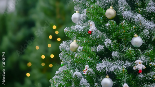 Decorated Christmas tree at outdoor tree lot, background trees blurred with yellow lights for holiday sale, retail use