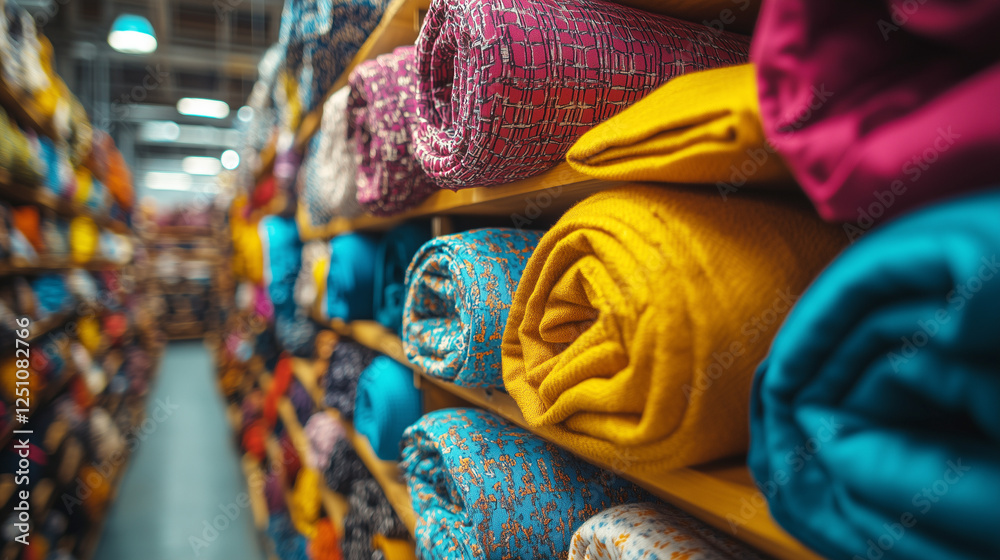 Fototapeta premium An array of neatly arranged rolled fabrics in a warehouse setting, featuring vibrant colors and patterns, perfect for textile enthusiasts