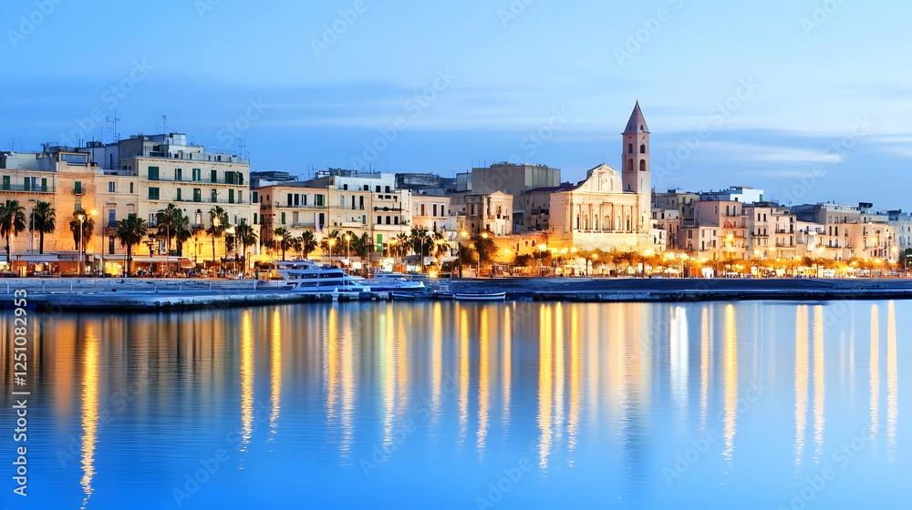 Evening cityscape view on water of buildings in Bari, Italy, with city light reflections for travel destination backgrounds Evening cityscape view on water of buildings in Bari, Italy, with city light reflections for travel destination backgrounds