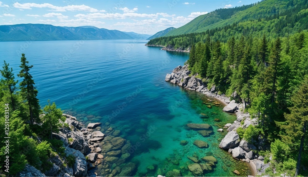 Fototapeta premium Serene Lake Landscape with Crystal Waters and Evergreen Shores