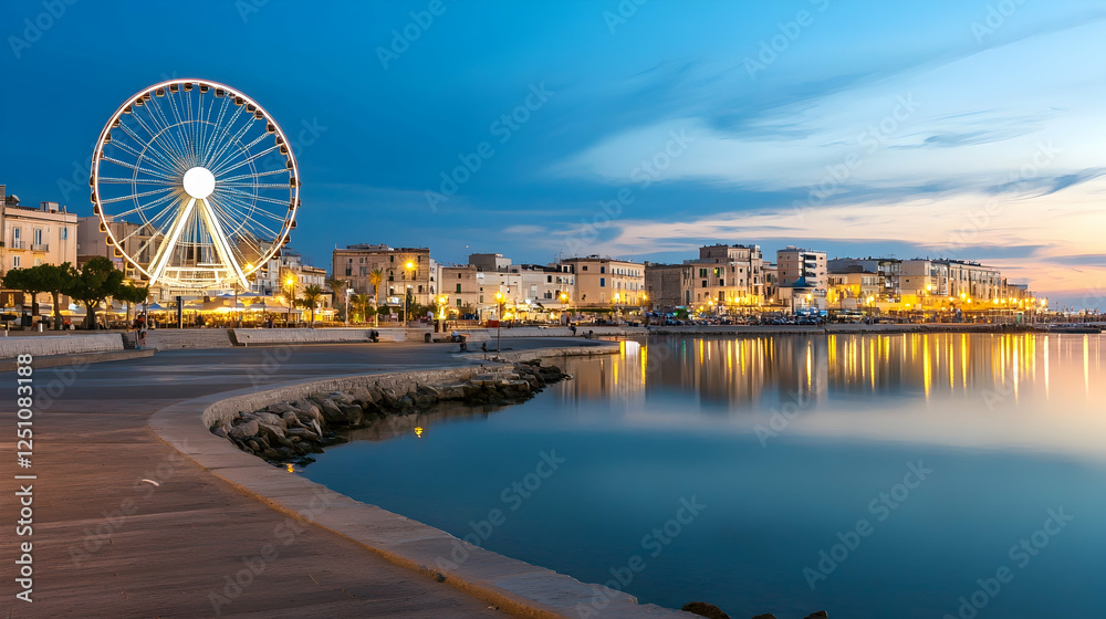 Obraz premium Ferris wheel illuminates coastal Italian town at twilight, reflected in calm bay for tourism promotion or scenic vista background