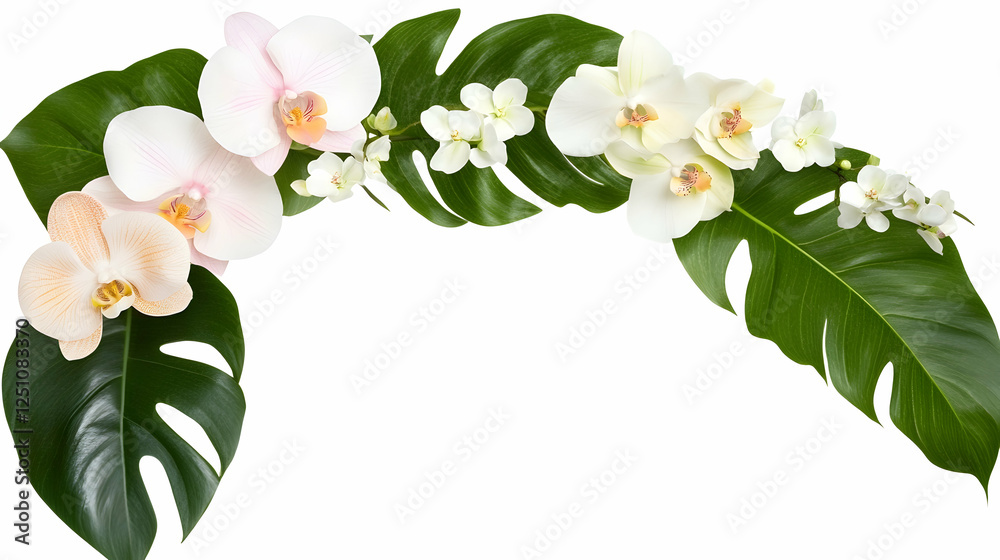 Fototapeta premium Floral arrangement with orchids and Monstera leaves for wedding or event invitation background decor, or decorative border