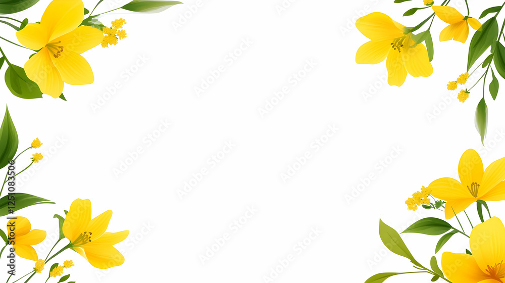 Floral frame with blooming yellow flowers, green leaves on white. Use for invitations, cards, stationary or creative design projects Floral frame with blooming yellow flowers, green leaves on white. Use for invitations, cards, stationary or creative design projects