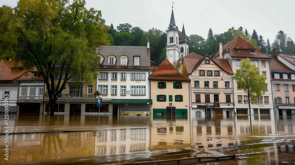 Naklejka premium A dramatic scene of flooded houses alongside a river, showcasing the impact of heavy rainfall and natural disasters on urban areas