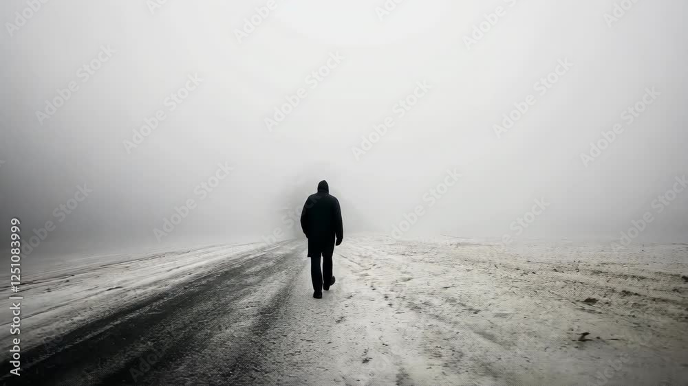 Solitary figure walks through foggy winter landscape. Blanket of snow, mysterious atmosphere. Loneliness, solitude. Alone man walking to nowhere. Life path concept.