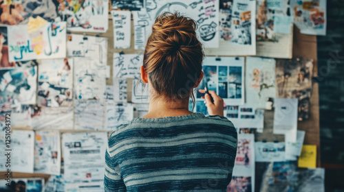Woman Analyzing Creative Ideas on a Pinboard in a Cozy Workspace, Surrounded by Notes, Documents, and Visual Inspirations for Brainstorming and Project Planning