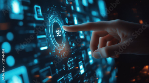 Wallpaper Mural Digital Marketing Concept with Focus on SEO Strategies, Hand Touching Interactive Display, Virtual Interface, Web Analytics and Optimizing Content Performance for Online Growth Torontodigital.ca