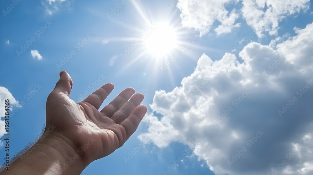 Hand reaches towards sun in blue sky with white clouds, representing hope, dreams, and inspiration. Suitable for personal growth or travel Hand reaches towards sun in blue sky with white clouds, representing hope, dreams, and inspiration. Suitable for personal growth or travel