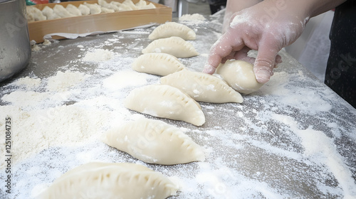 Handmade dumplings preparation at a restaurant dough being molded on a floury table, for cooking oriental cuisine