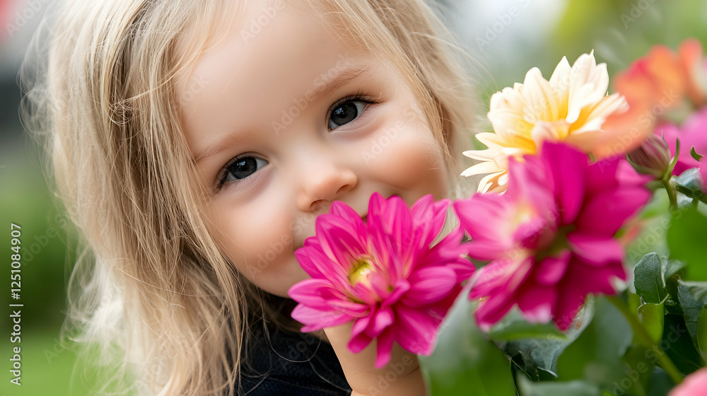 Happy toddler with flowers outside smelling blossoms in a garden. Image is suitable for illustrating childhood or natural beauty Happy toddler with flowers outside smelling blossoms in a garden. Image is suitable for illustrating childhood or natural beauty