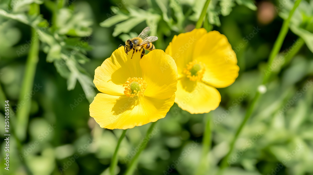 Honeybee feeding on yellow poppy flowers in lush green field. Concept pollination, beauty, summer. Use nature, agriculture, environment Honeybee feeding on yellow poppy flowers in lush green field. Concept pollination, beauty, summer. Use nature, agriculture, environment