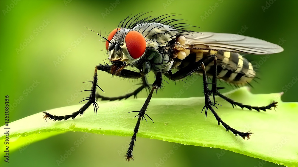 House fly resting on a leaf with blurred green background. Could be used for nature, science, or macro photography projects House fly resting on a leaf with blurred green background. Could be used for nature, science, or macro photography projects