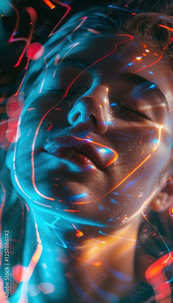 Naklejka premium Stress Relief Concept: Relaxed Expression with Glowing Energy Patterns for Mindfulness Design