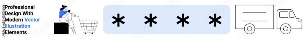 Fototapeta premium Shopper pushing cart, secure stars, and delivery truck outline. Ideal for online shopping, secure transactions, logistics, delivery services, e-commerce platforms, payment gateways flat landing page