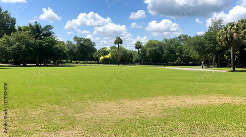 Lush green field park on a sunny day with trees and sky for recreation, relaxation, or outdoor advertising backdrop