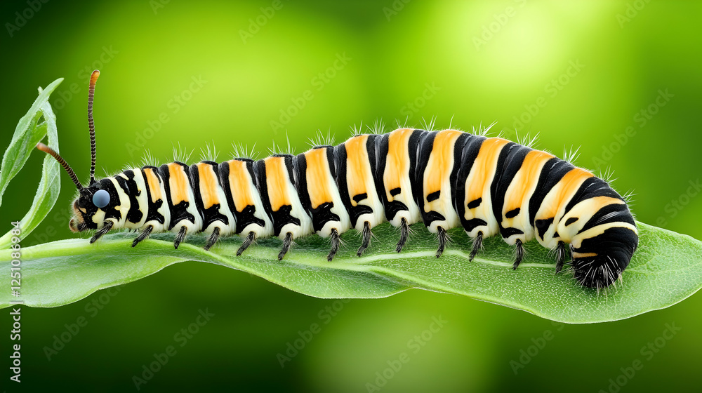 Monarch caterpillar crawling on a leaf for metamorphosis with a bright green background for biology, education and scientific study Monarch caterpillar crawling on a leaf for metamorphosis with a bright green background for biology, education and scientific study