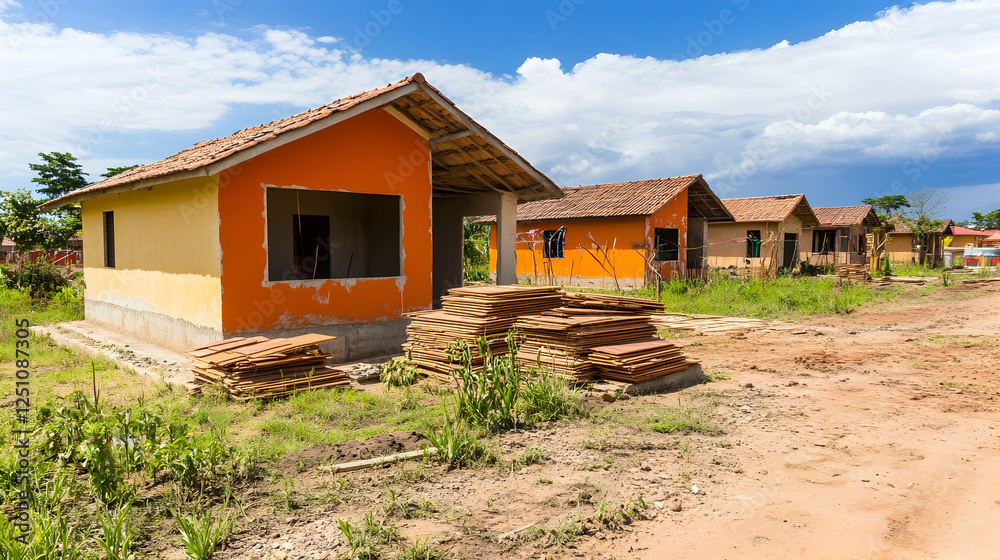 New orange and yellow houses under blue sky on sunny day for real estate or housing project New orange and yellow houses under blue sky on sunny day for real estate or housing project