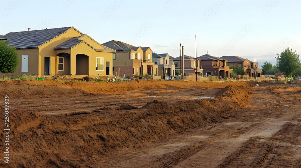 New suburban homes under construction during a clear, sunny day, surrounded by sandy soil. For real estate, construction, or new development New suburban homes under construction during a clear, sunny day, surrounded by sandy soil. For real estate, construction, or new development