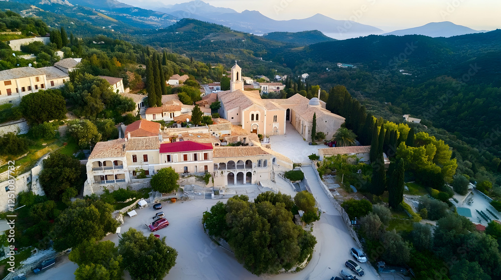 Panoramic view of a Monastery, Greece. A peaceful landscape for travel brochures, or religion related websites, or articles Panoramic view of a Monastery, Greece. A peaceful landscape for travel brochures, or religion related websites, or articles