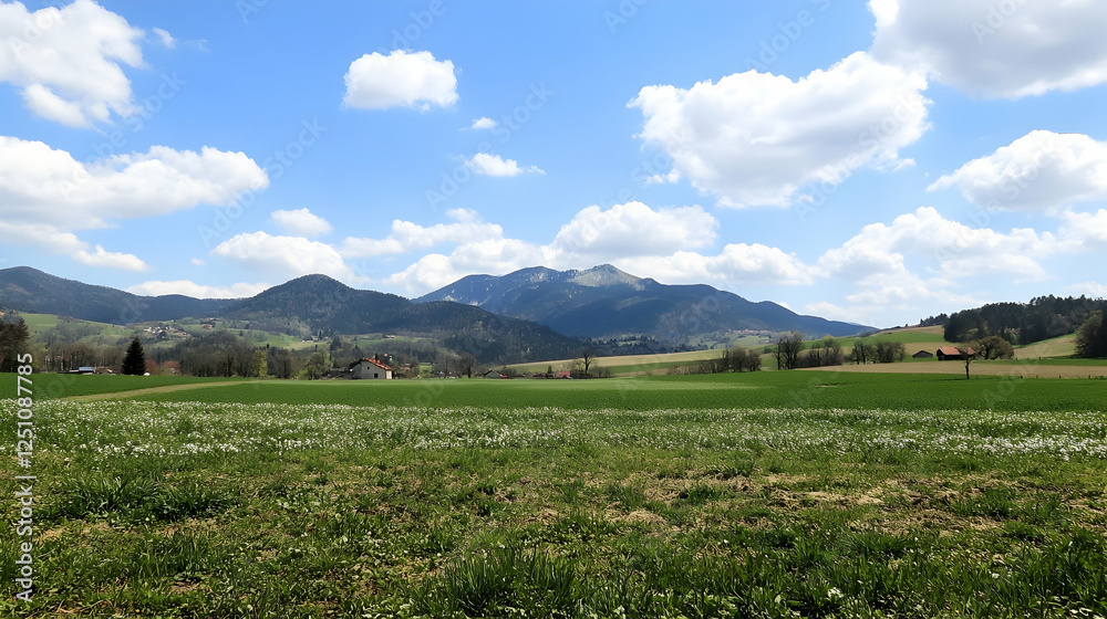 Panoramic view of a field in the countryside, showing the natural landscape, a village and a mountain range on a sunny day Panoramic view of a field in the countryside, showing the natural landscape, a village and a mountain range on a sunny day